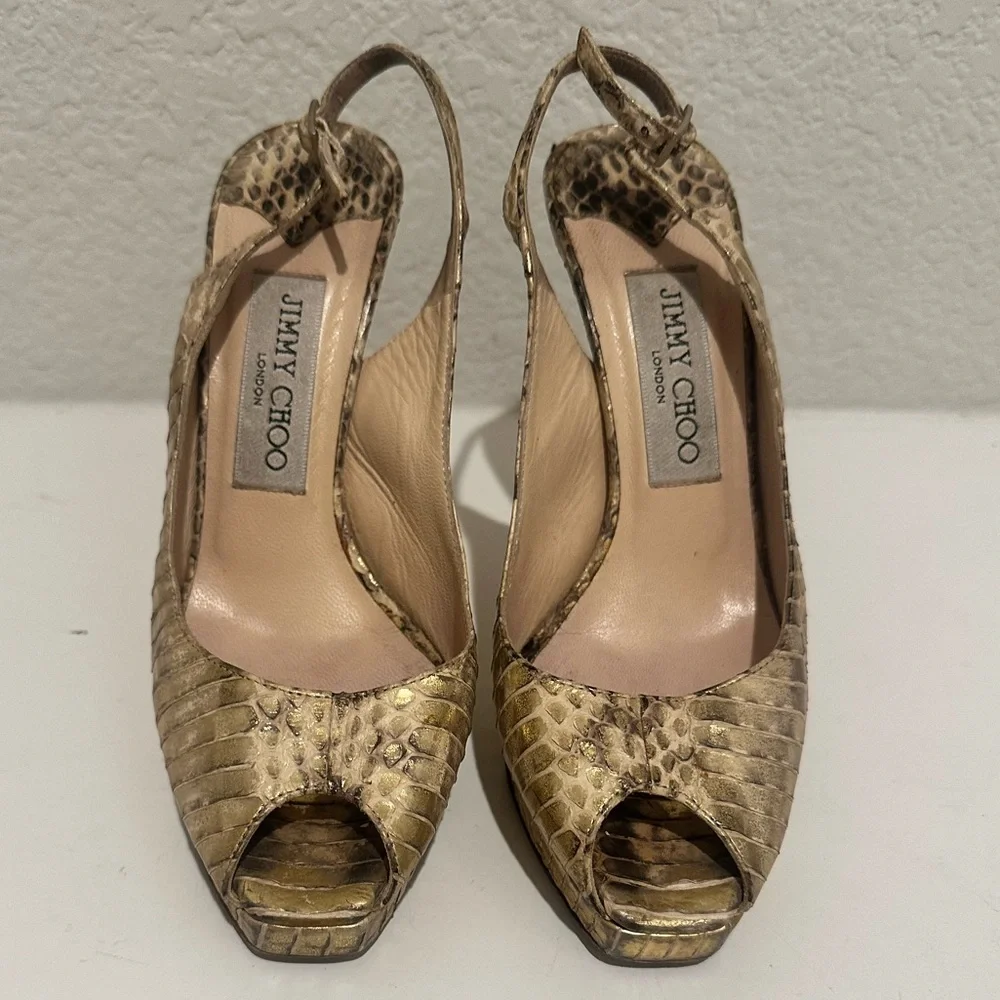 Jimmy Choo Nova Gold Snakeskin Leather Peep Toe Platform Slingback Pumps Size 36